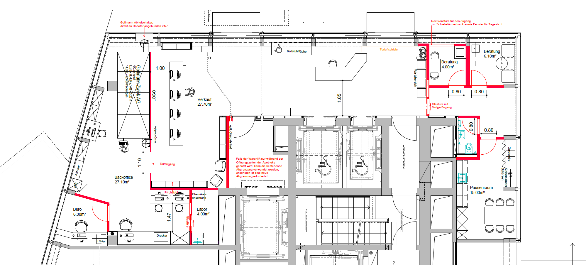 Grundrissvorschlag einer Apotheke im Raum Zürich mit Verkauf, Backoffice, Büro, Labor, Beratung und Pausenraum sowie Abholschalter, Warenlift und barrierefreien Zugängen
